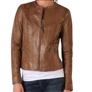 Vince Leather Whipstitch Inset Trim Collarless Zip Front Jacket, Size M